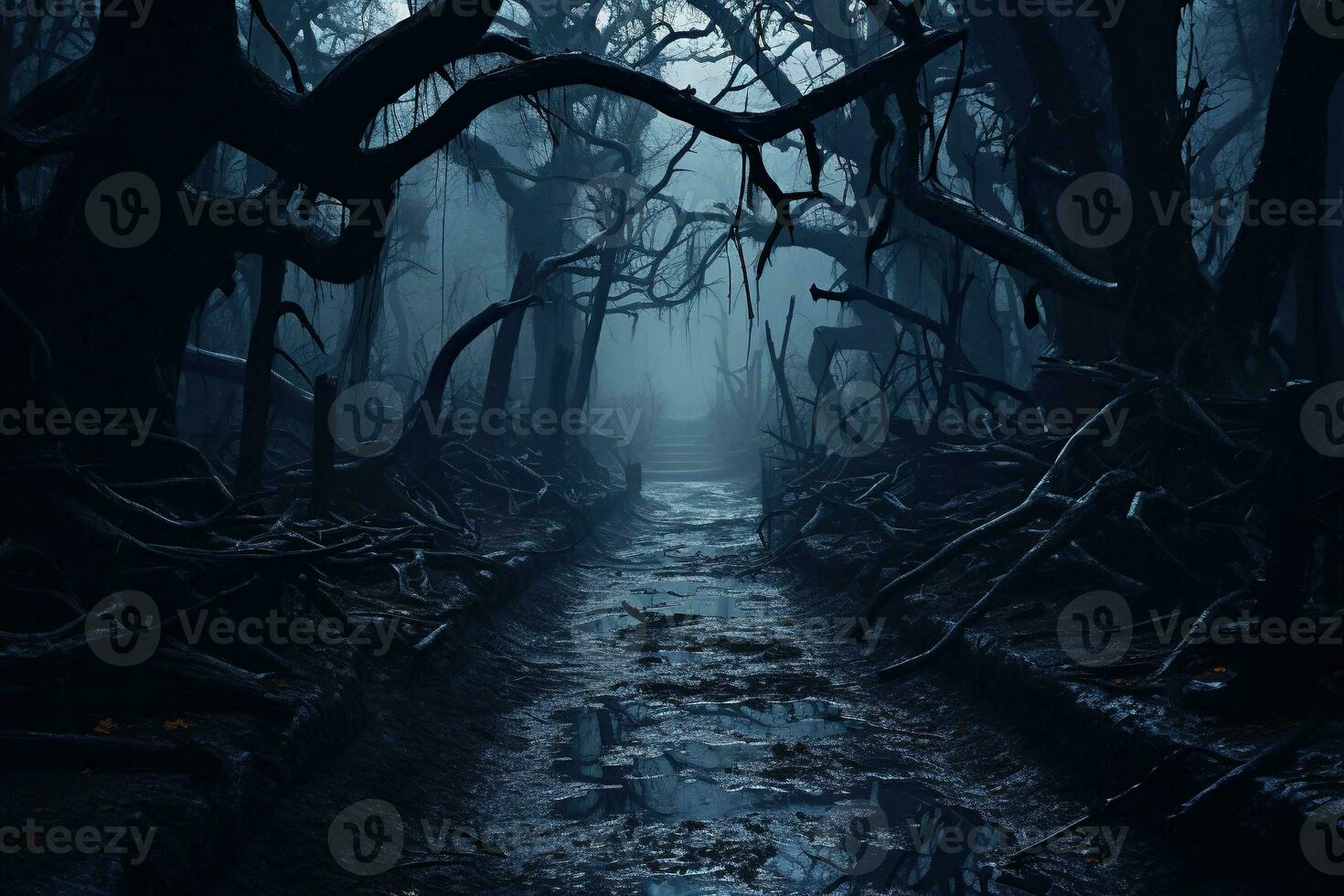 AI generated Gloomy and dark forest path in thick fog. Generated by artificial intelligence photo