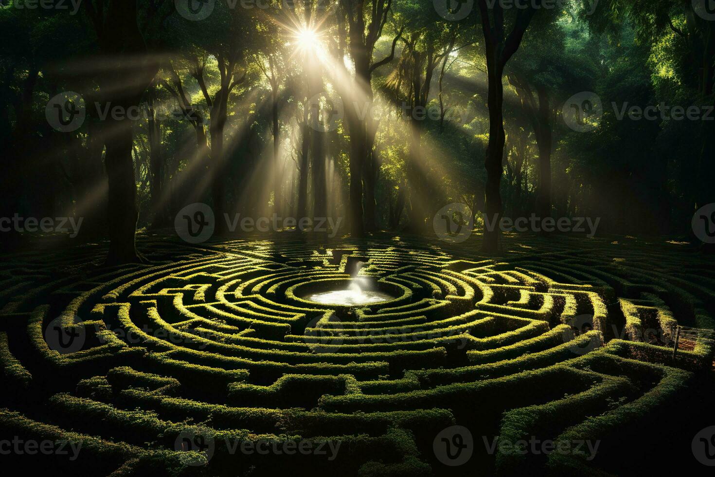 AI generated Green labyrinth in a large forest in the sun. Generated by artificial intelligence photo