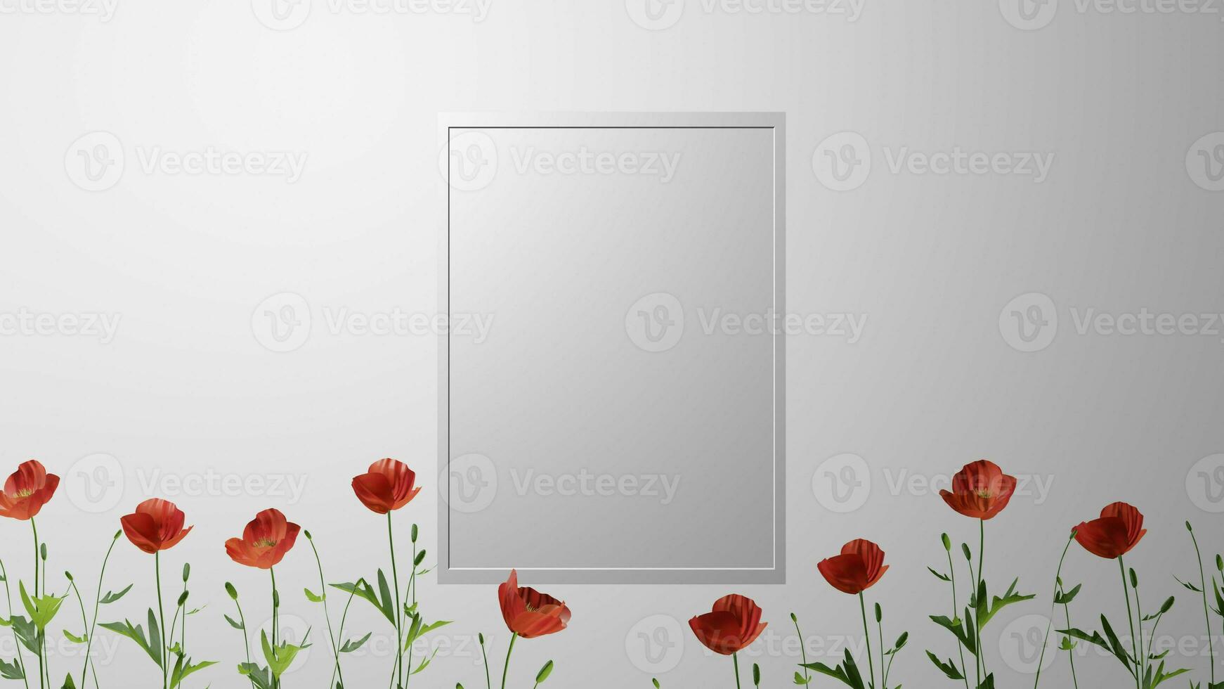 white frame with red poppy flowers on white background. flower decoration. card decoration. 3D render photo