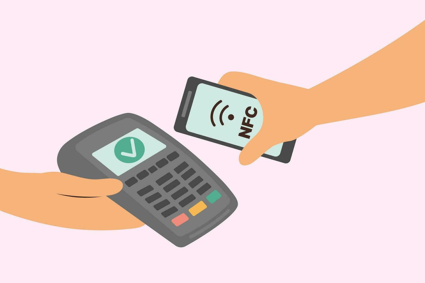 Hand holds POS-terminal and another hand pays by smartphone. Contactless payment, wireless and mobile transaction with NFC technology. Cartoon Flat Vector Illustration.