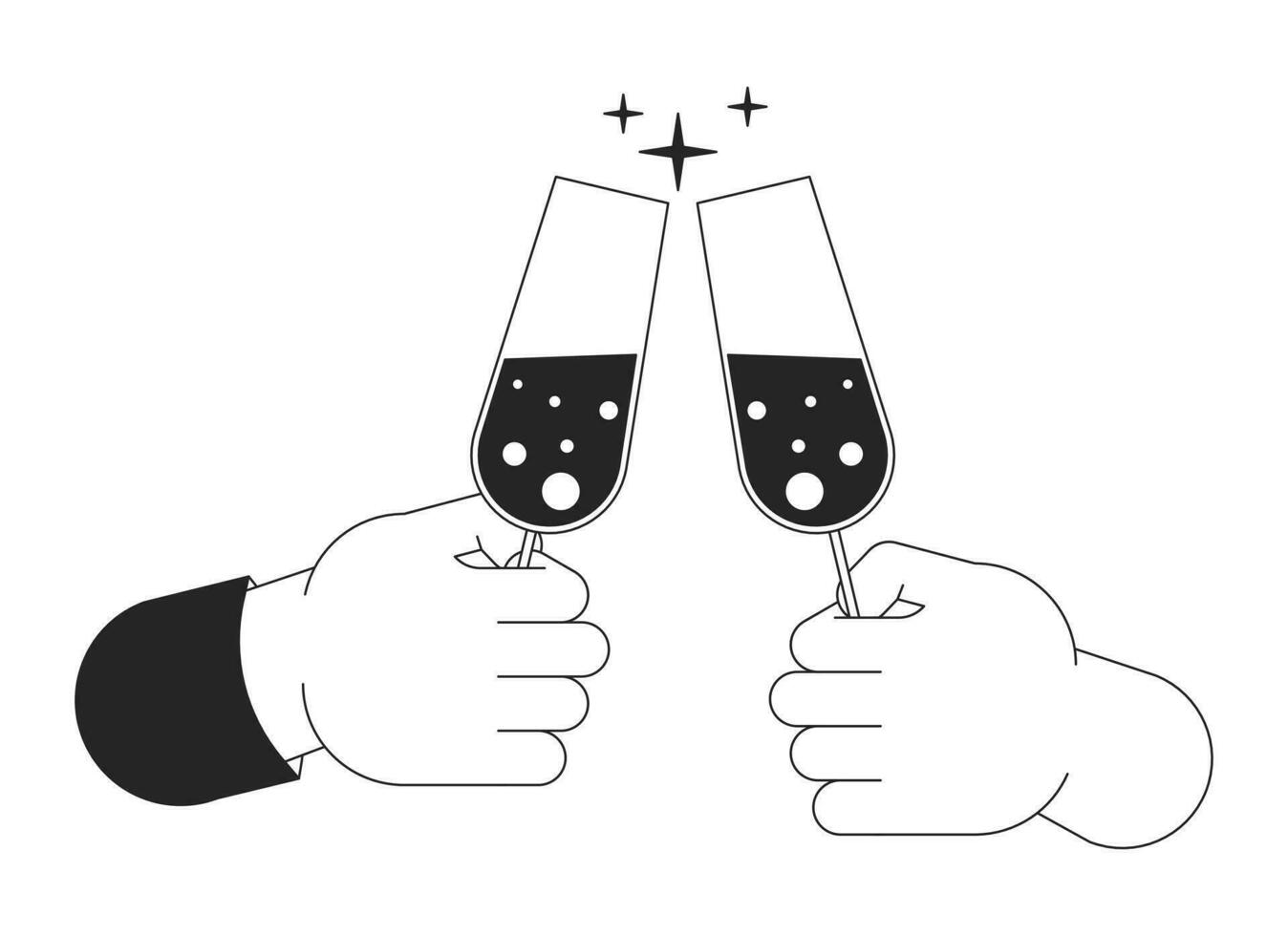 Champagne glasses clinking cartoon human hands outline illustration. Alcoholic wineglasses toasting 2D isolated black and white vector image. Sparkle cheers flat monochromatic drawing clip art