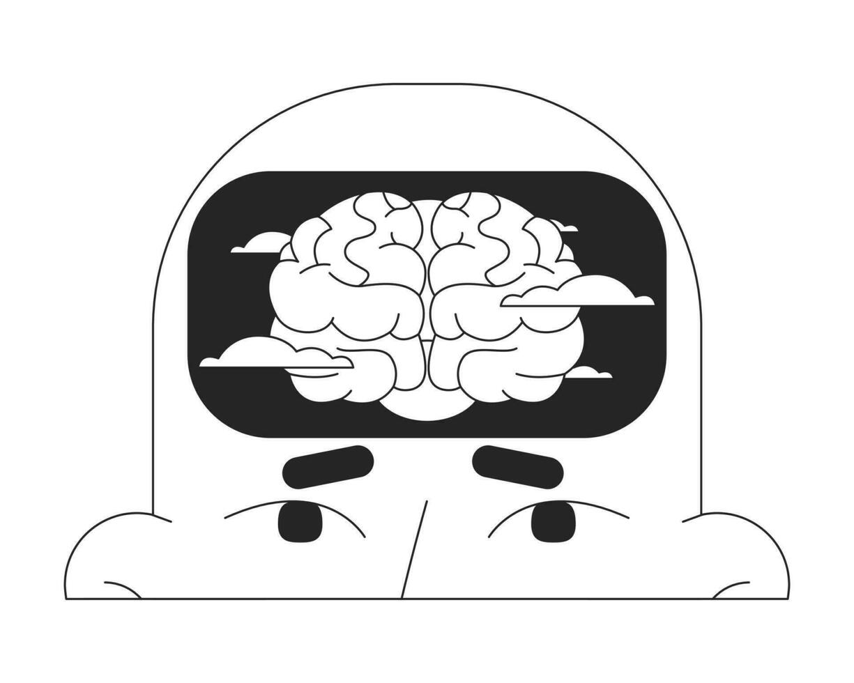 Brain fog black and white 2D illustration concept. Fatigue mental clouds cartoon outline character head isolated on white. Burnout syndrome. Seasonal affective disorder metaphor monochrome vector art