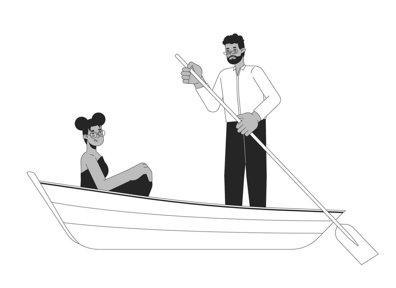 africano americano heterosexual Pareja en romántico barco paseo negro y blanco 2d línea dibujos animados caracteres. enfermo de amor novios aislado vector contorno gente. romance monocromo plano Mancha ilustración