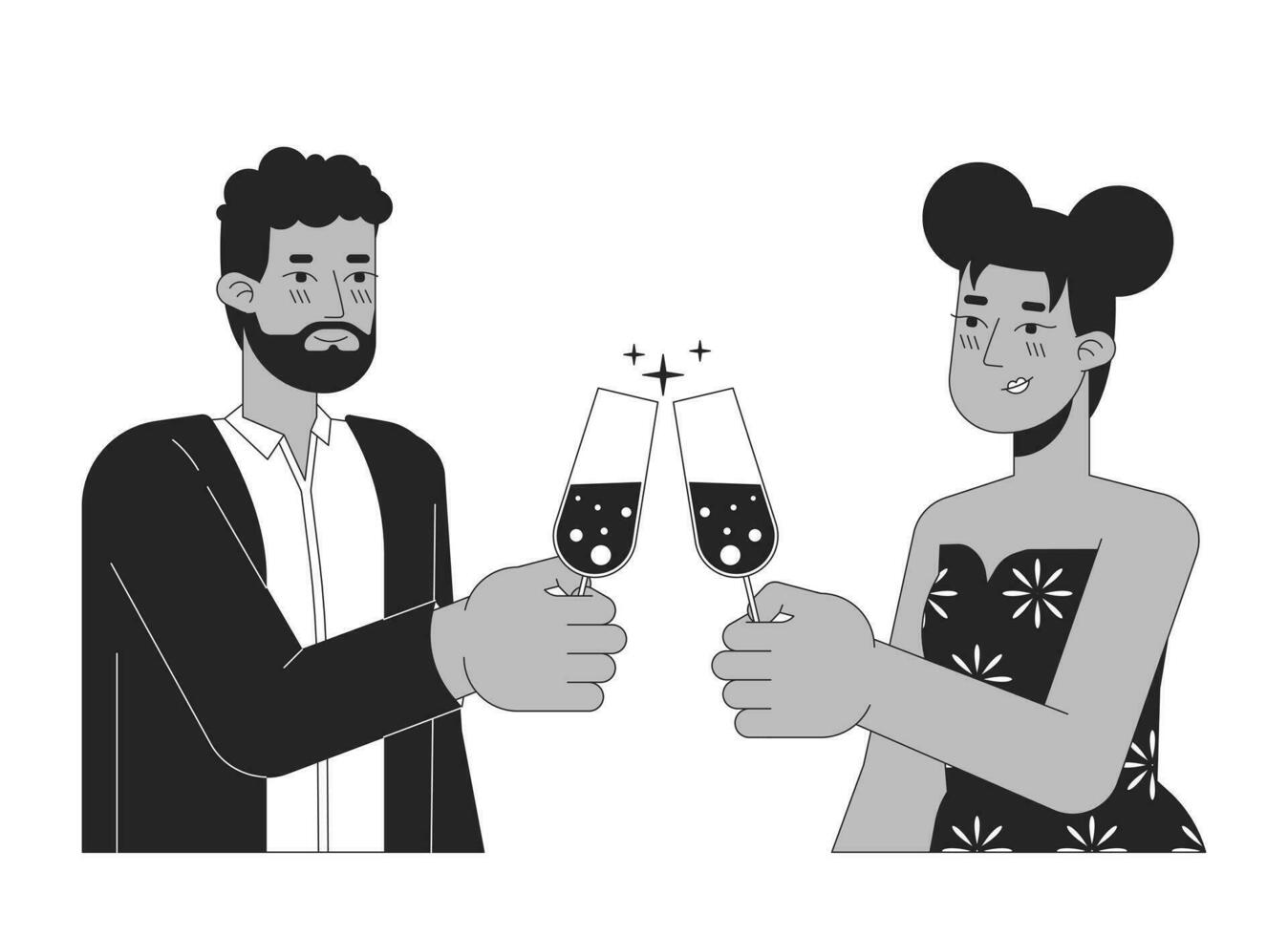 afroamericano Pareja tintinamente lentes negro y blanco 2d línea dibujos animados caracteres. enamorado Novia novio aislado vector contorno gente. Felicidades monocromo plano Mancha ilustración