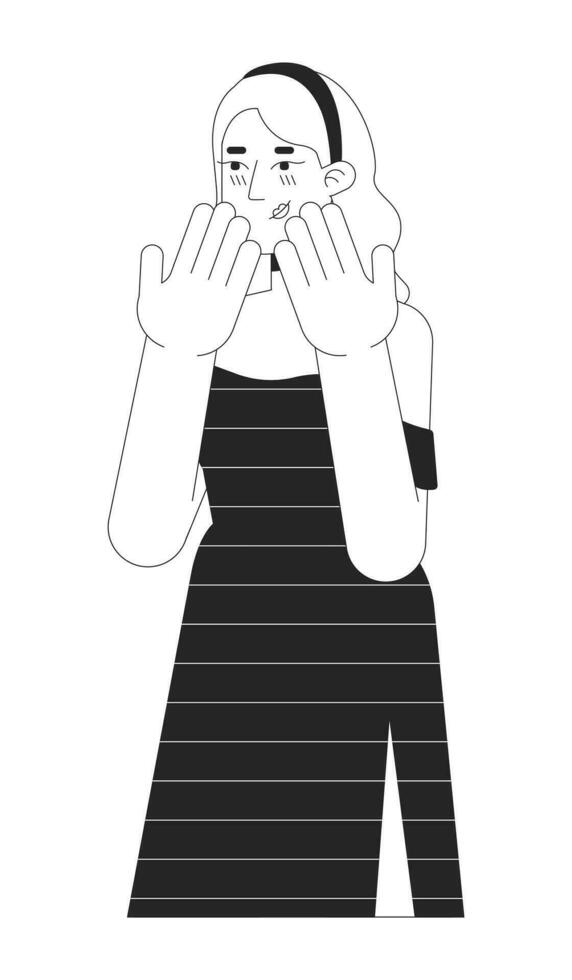 Excited shy caucasian young woman black and white 2D line cartoon character. Blonde european female isolated vector outline person. Expressing positive feeling monochromatic flat spot illustration