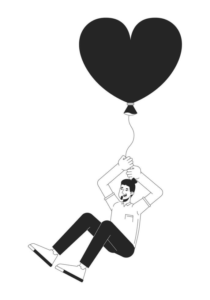 Caucasian adult man flying with balloon in hands black and white 2D line cartoon character. Heart shaped baloon european male isolated vector outline person. Dream monochromatic flat spot illustration