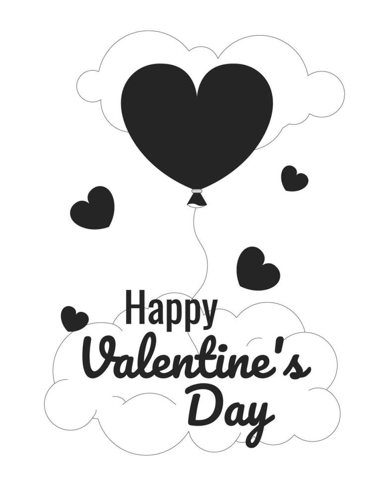 Heart shaped balloon Valentines day monochrome greeting card vector. Romantic mood black and white illustration greetingcard. 14 february 2D outline cartoon ecard, special occasion postcard image vector