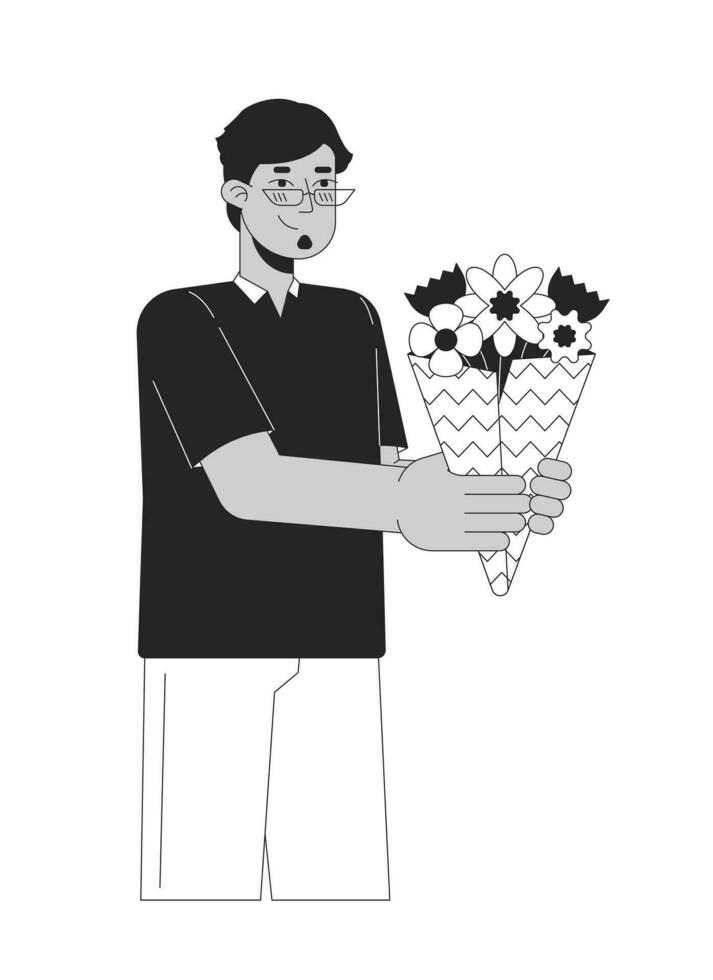 los anteojos árabe hombre regalar ramo de flores flores negro y blanco 2d línea dibujos animados personaje. medio oriental adulto masculino aislado vector contorno persona. flor tienda cliente monocromo plano Mancha ilustración