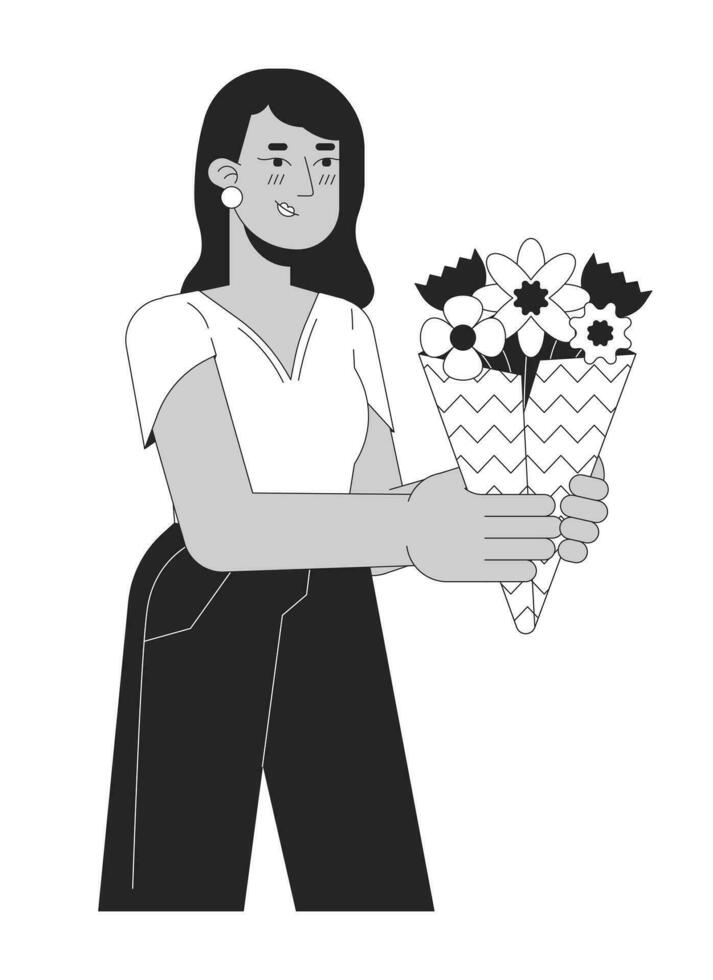 indio joven adulto mujer dando floreciente ramo de flores negro y blanco 2d línea dibujos animados personaje. sur asiático hembra aislado vector contorno persona. floristería propietario monocromo plano Mancha ilustración