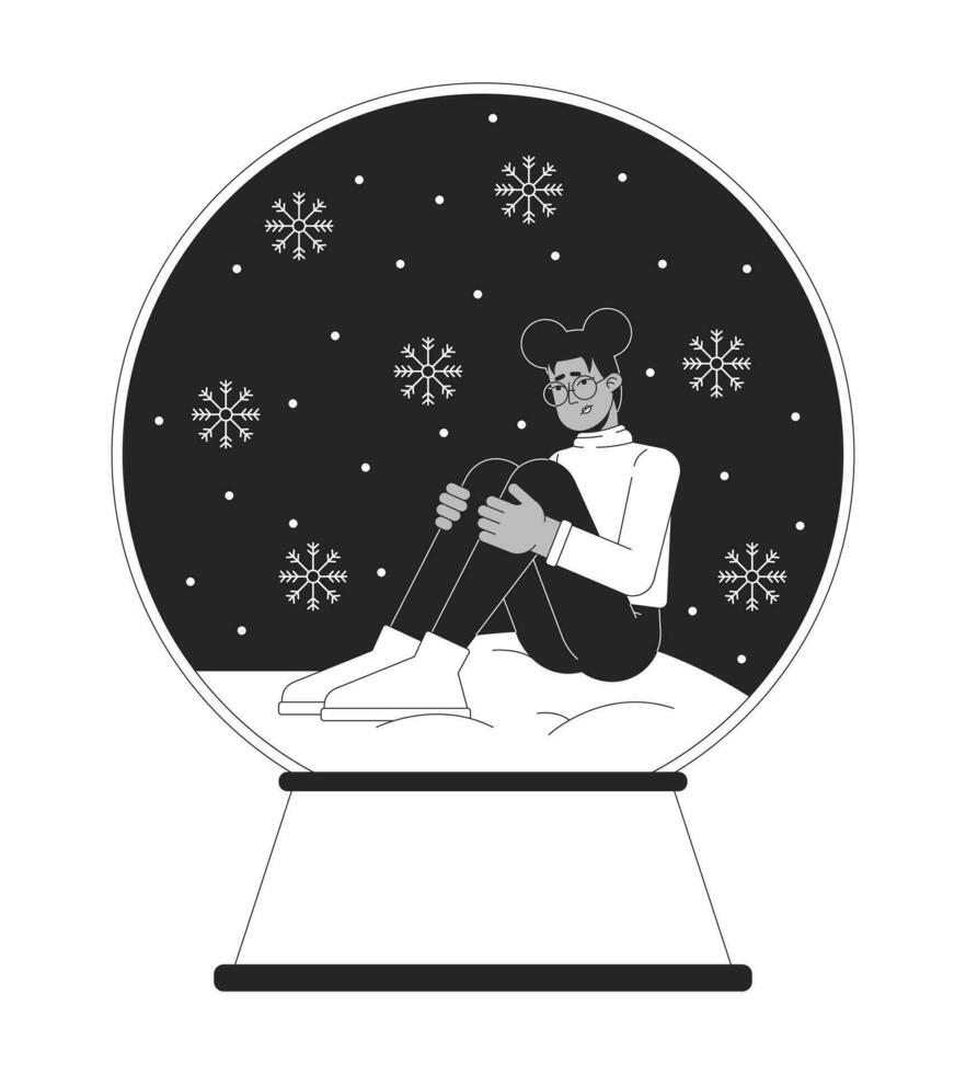 Navidad fiesta depresión negro y blanco 2d ilustración concepto. cansado africano americano mujer dibujos animados contorno personaje aislado en blanco. Navidad estrés nieve globo metáfora monocromo vector Arte