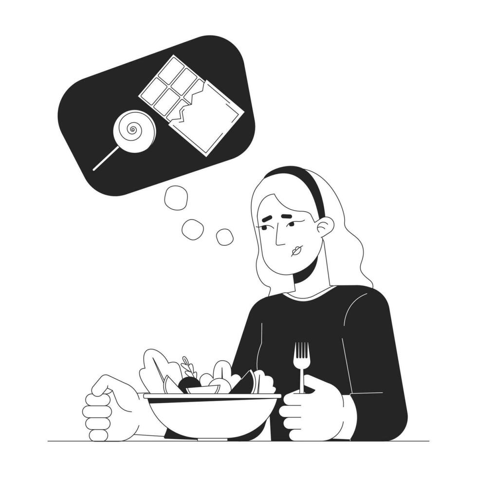 Sweet tooth depression black and white 2D illustration concept. Sugar cravings woman with salad cartoon outline character isolated on white. Seasonal affective disorder metaphor monochrome vector art