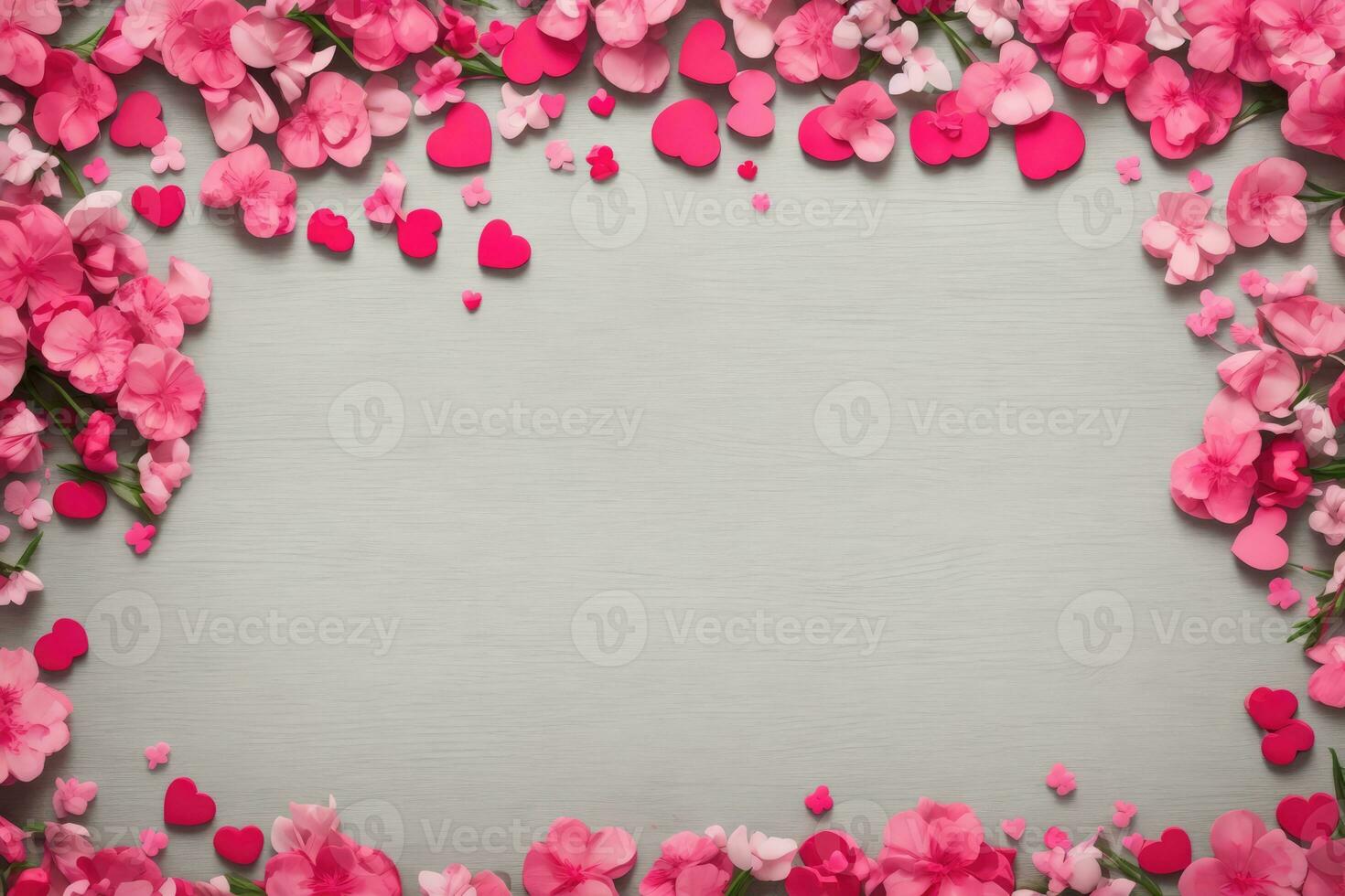 AI generated Valentine's Day background with pink hearts and flowers on white wood texture. Top view, copy space. photo