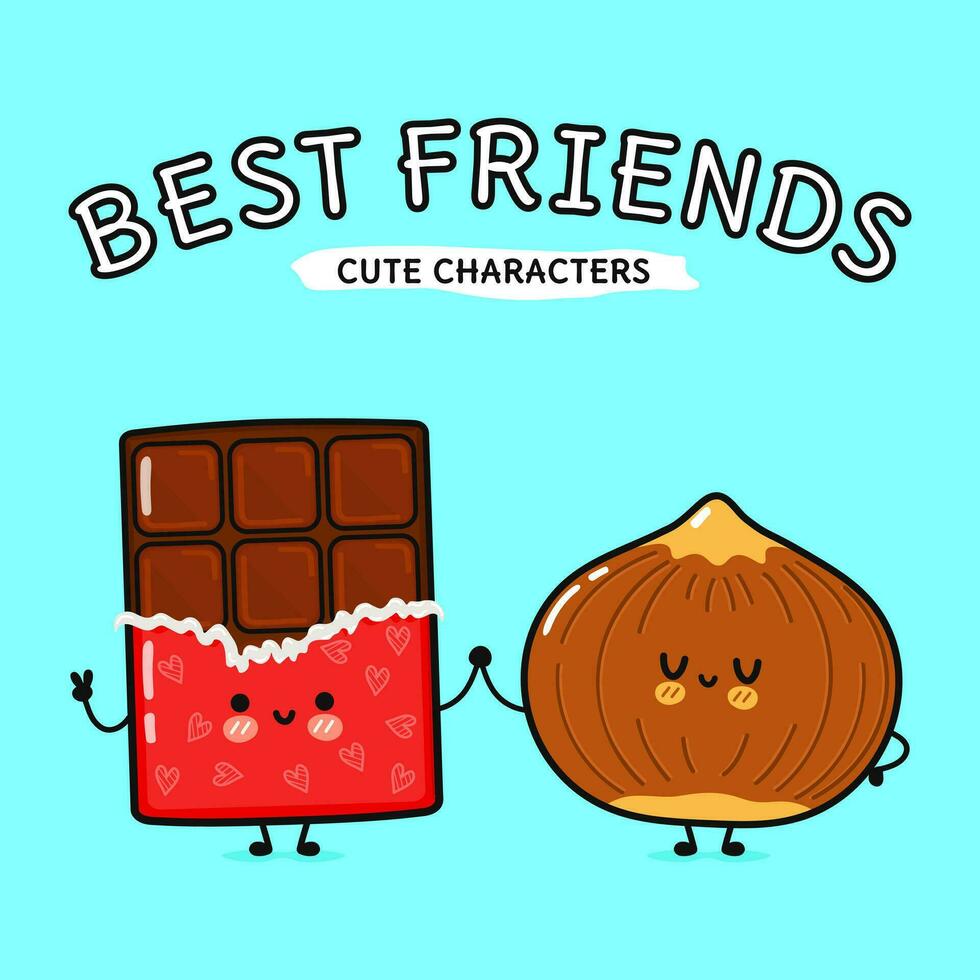 Chocolate and hazelnut character. Vector hand drawn cartoon kawaii characters, illustration icon. Funny cartoon happy chocolate and hazelnut friends