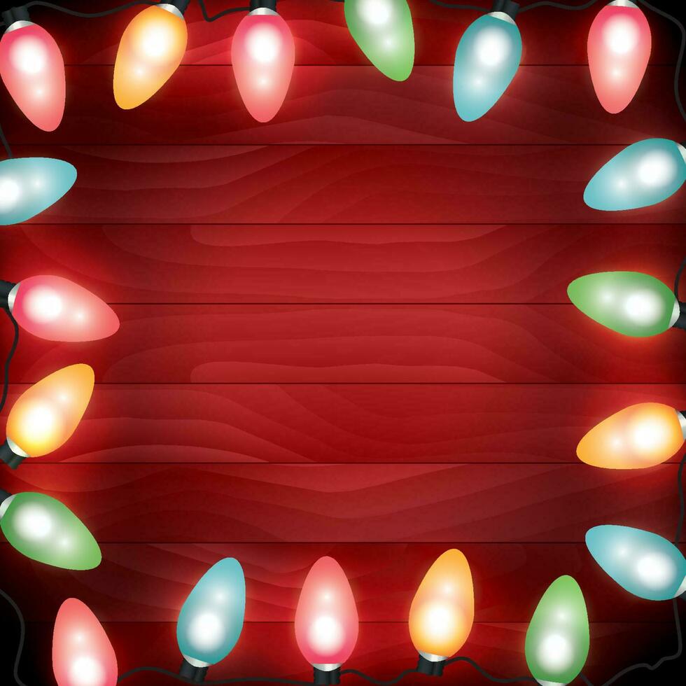 Colorful Christmas Lights on Red Wooden Background Illustration vector