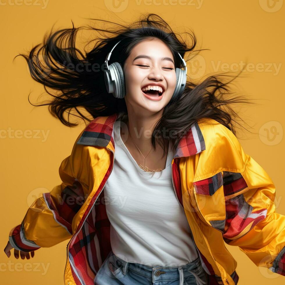 ai generado alegre asiático mujer bailando a música con cerrado ojos en de colores antecedentes foto