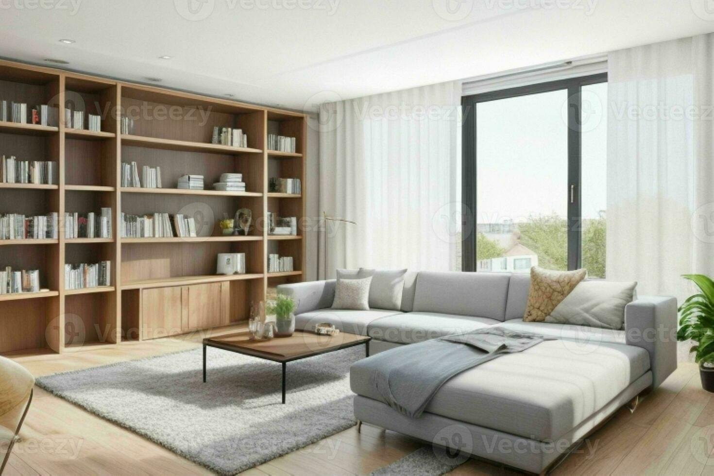 AI generated Modern living room with library. Pro Photo