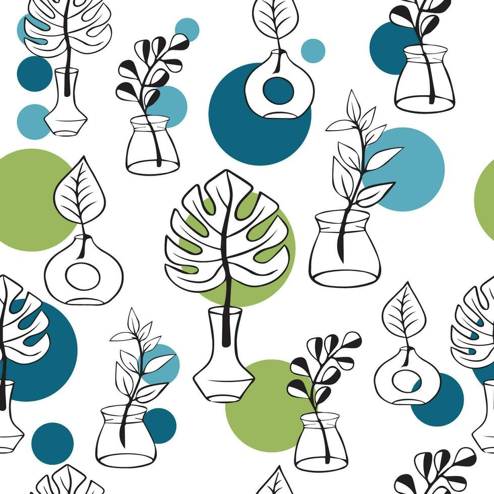 Colourful seamless pattern with decorative flowers and leaves, Modern style. Monster branch in stylish modern vase. boho vase with a single leaf. Flower vases. vector