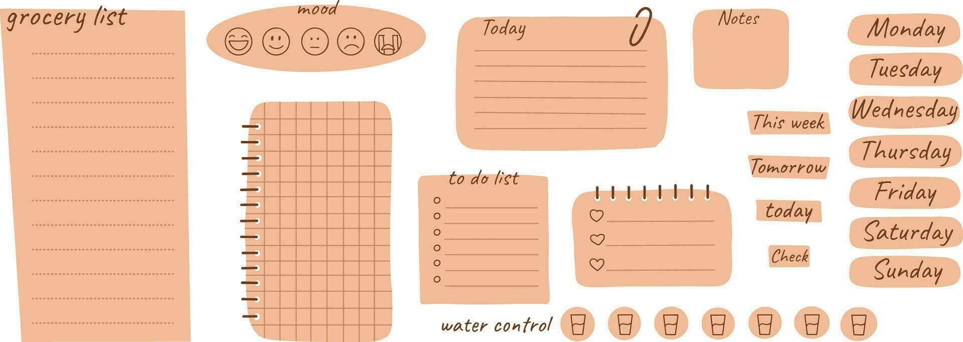 memo paper sheets, sticky note, reminder, to do list, calendar. Bullet journal elements in doodle style. Vector illustration in white background.