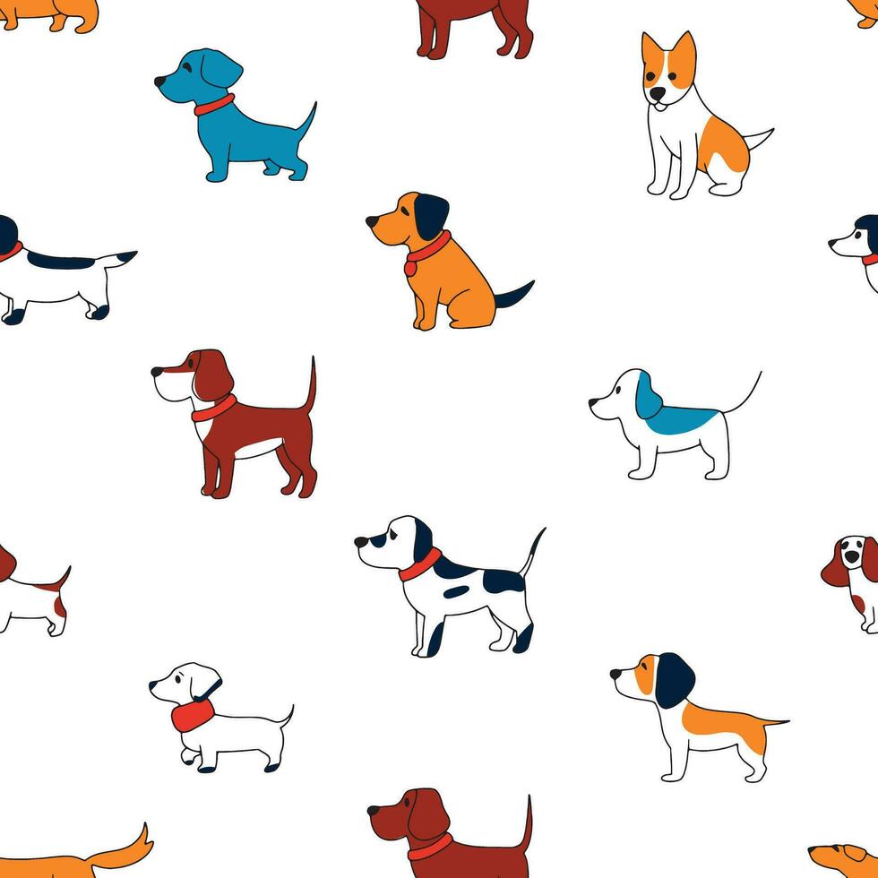 Doodle dog print. Funny dogs seamless pattern, childish scandinavian drawing puppy. Fabric design with cartoon pets, nowaday line animals vector background