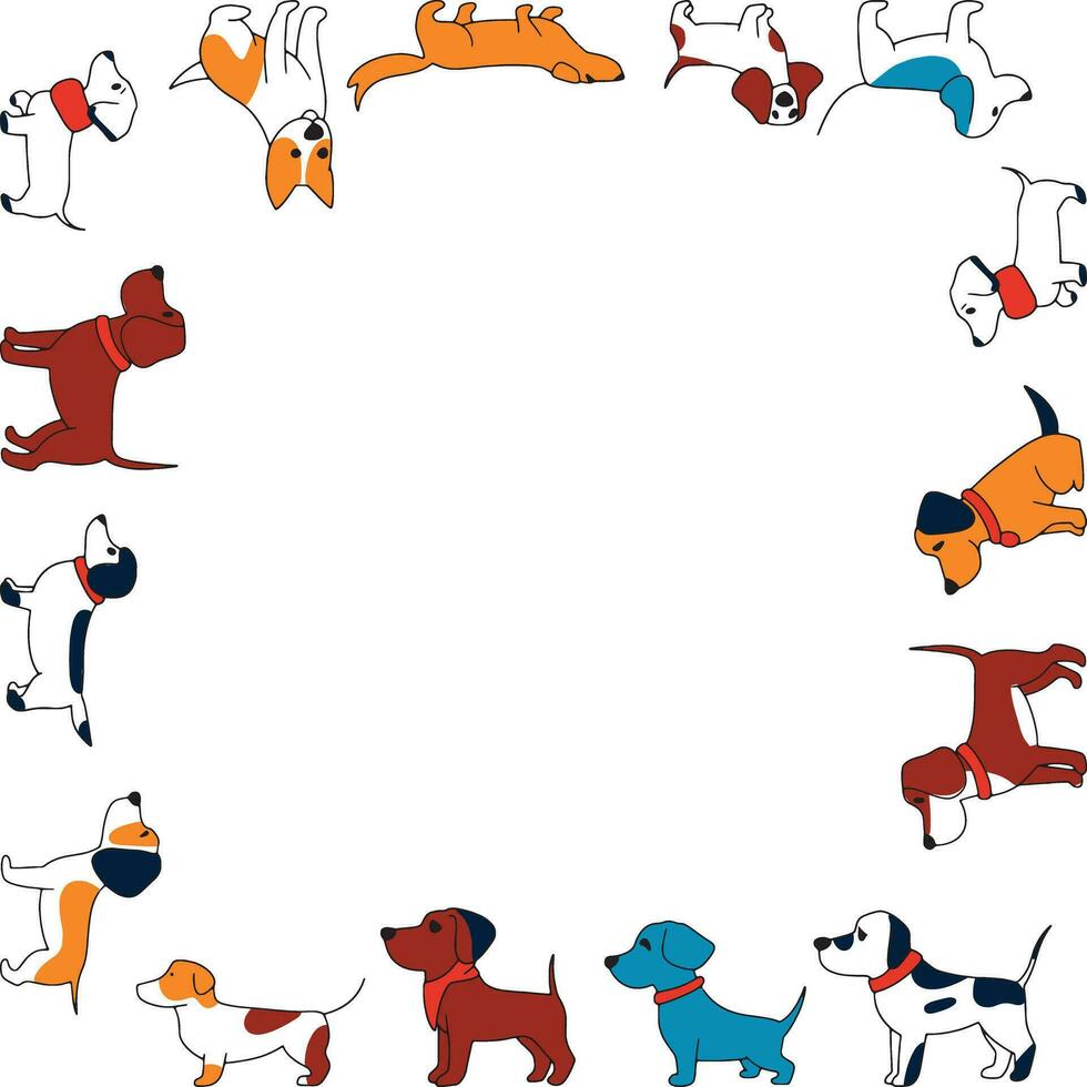 Cute dogs frame the background. pets set in a square wreath, hand drawn illustration. Card template or design vector