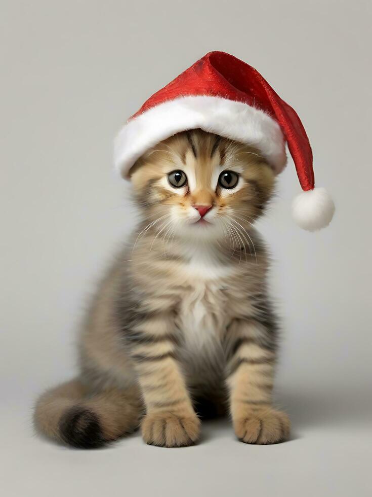 ai generado linda gatito en Papa Noel sombrero fondo de pantalla foto