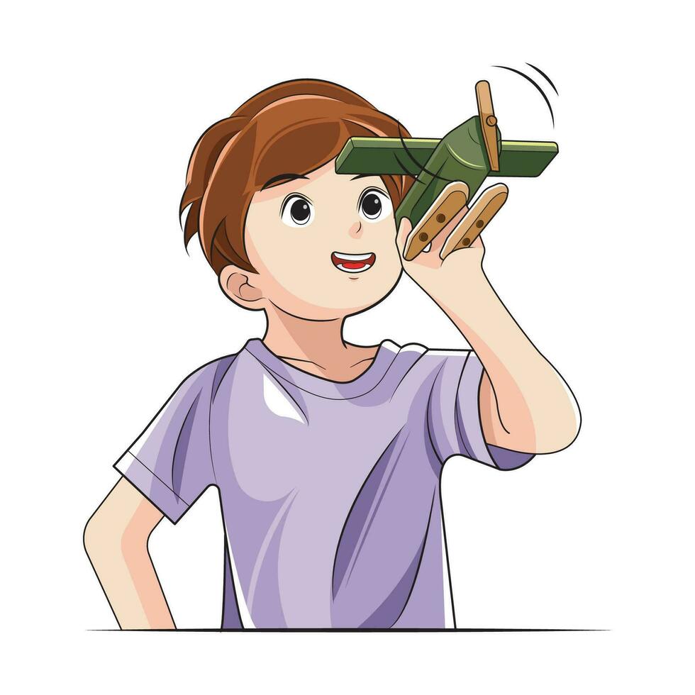 Smart kid. a boy with plane model. Vector illustration