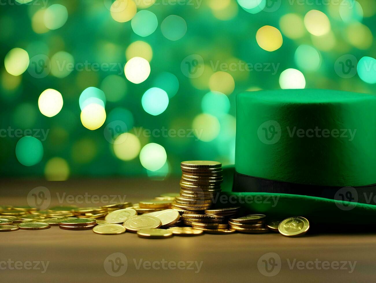 AI generated Cinematography photo of a bright green lipricon hat and gold coins. High quality. AI Generative