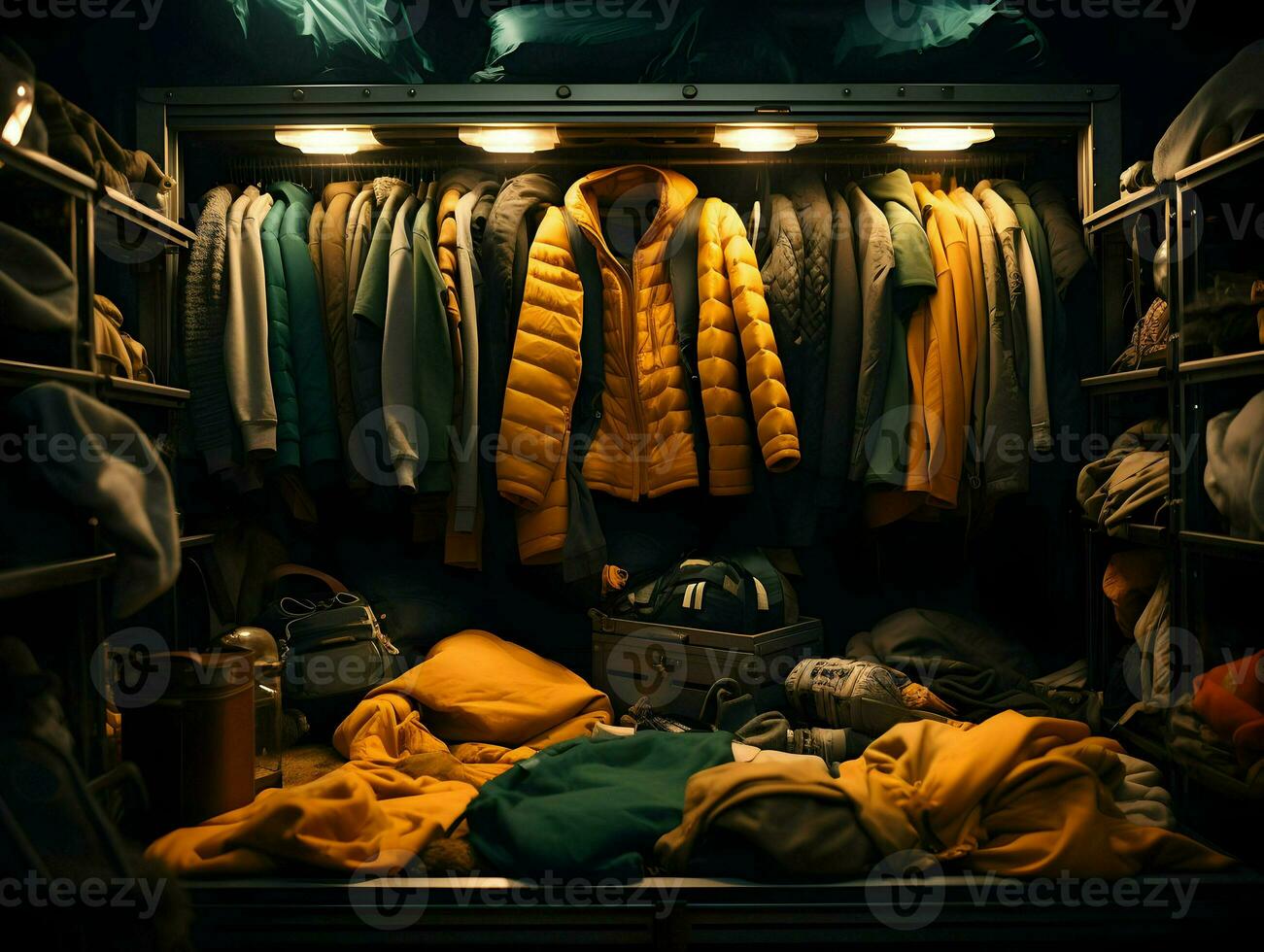 AI generated Cinematic shot of the open wardrobe with clothers. High-resolution. AI Generative photo
