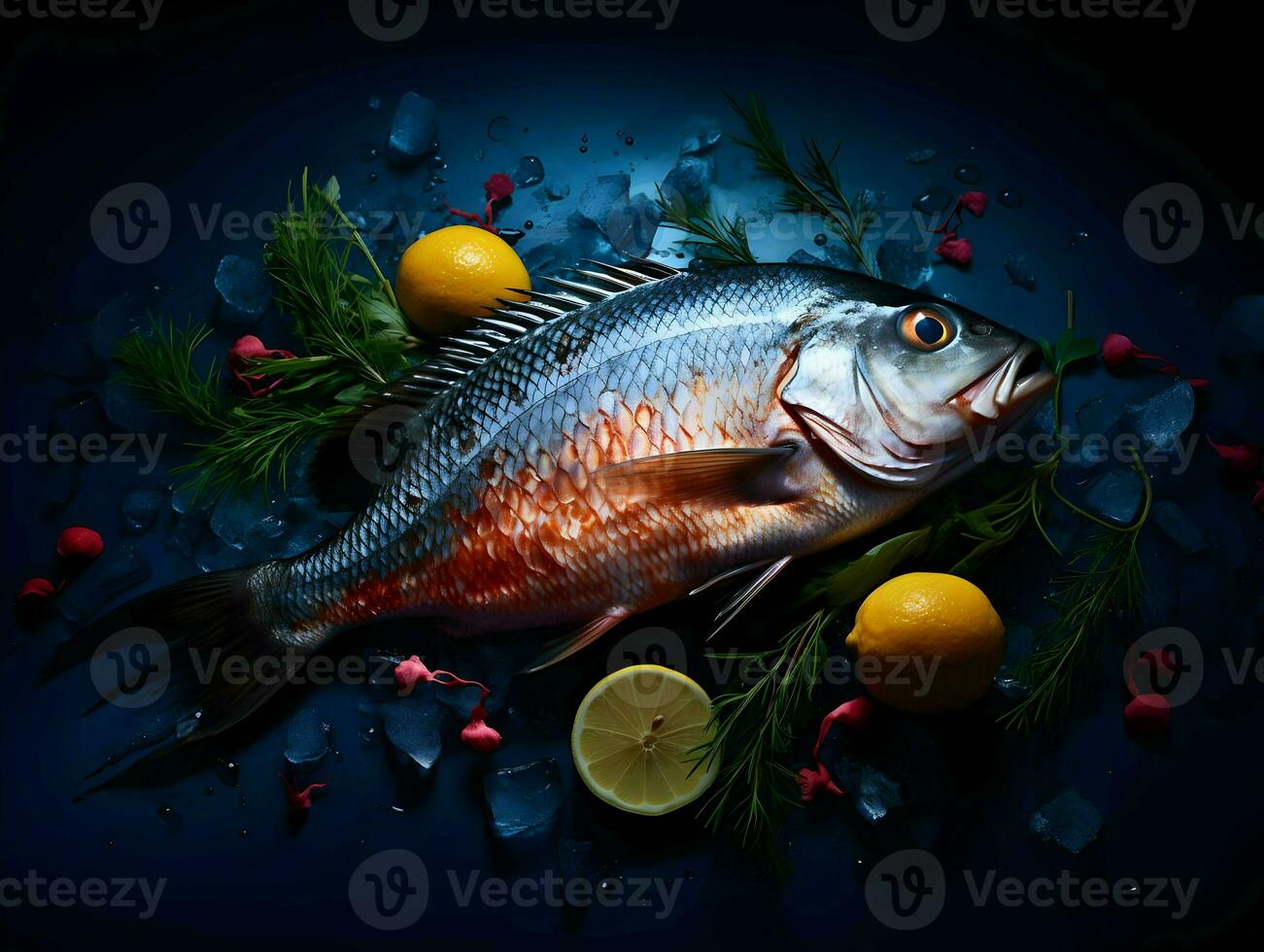 AI generated Fresh fish with lemons Professional photo. High quality. AI Generative photo