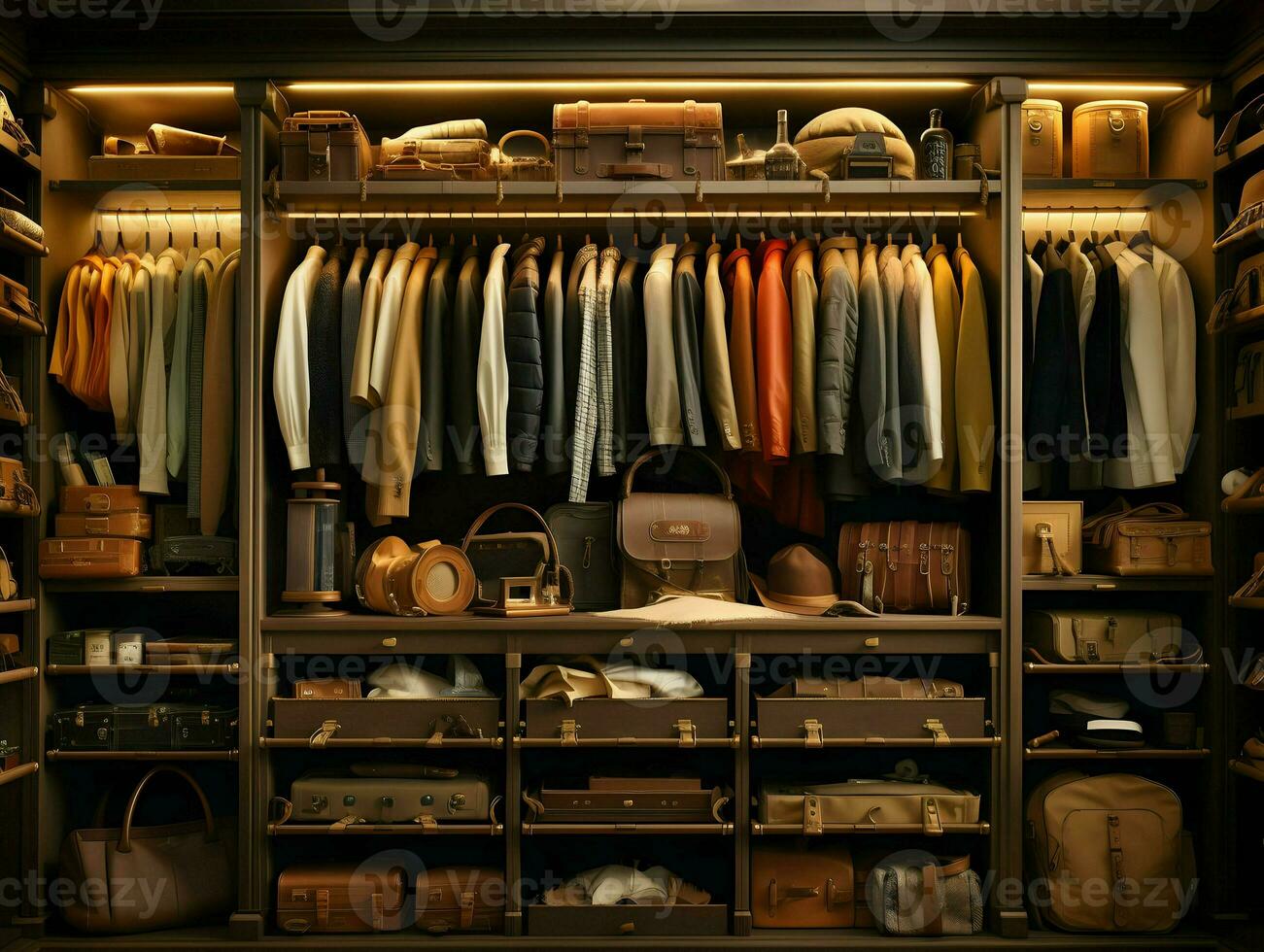 AI generated Cinematic shot of the open wardrobe with clothers. High-resolution. AI Generative photo