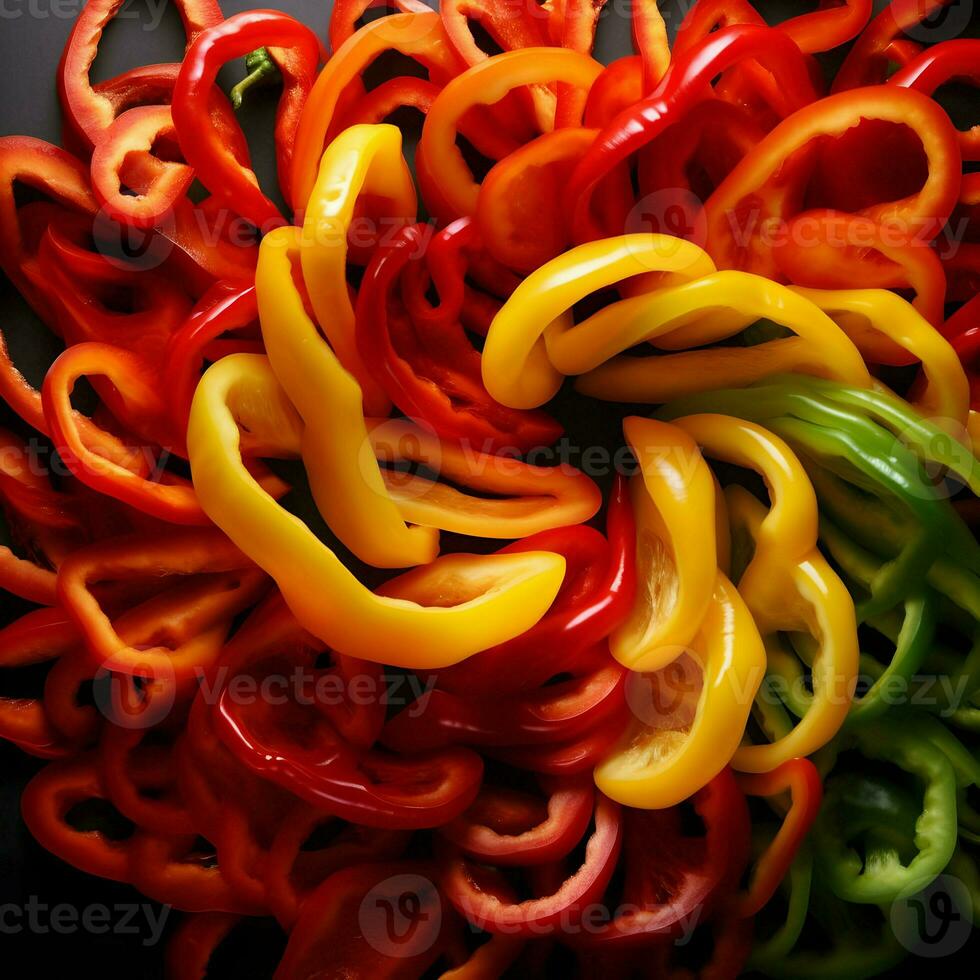 AI generated Lots of fresh sliced yellow, red, and green peppers. High quality. AI Generative photo