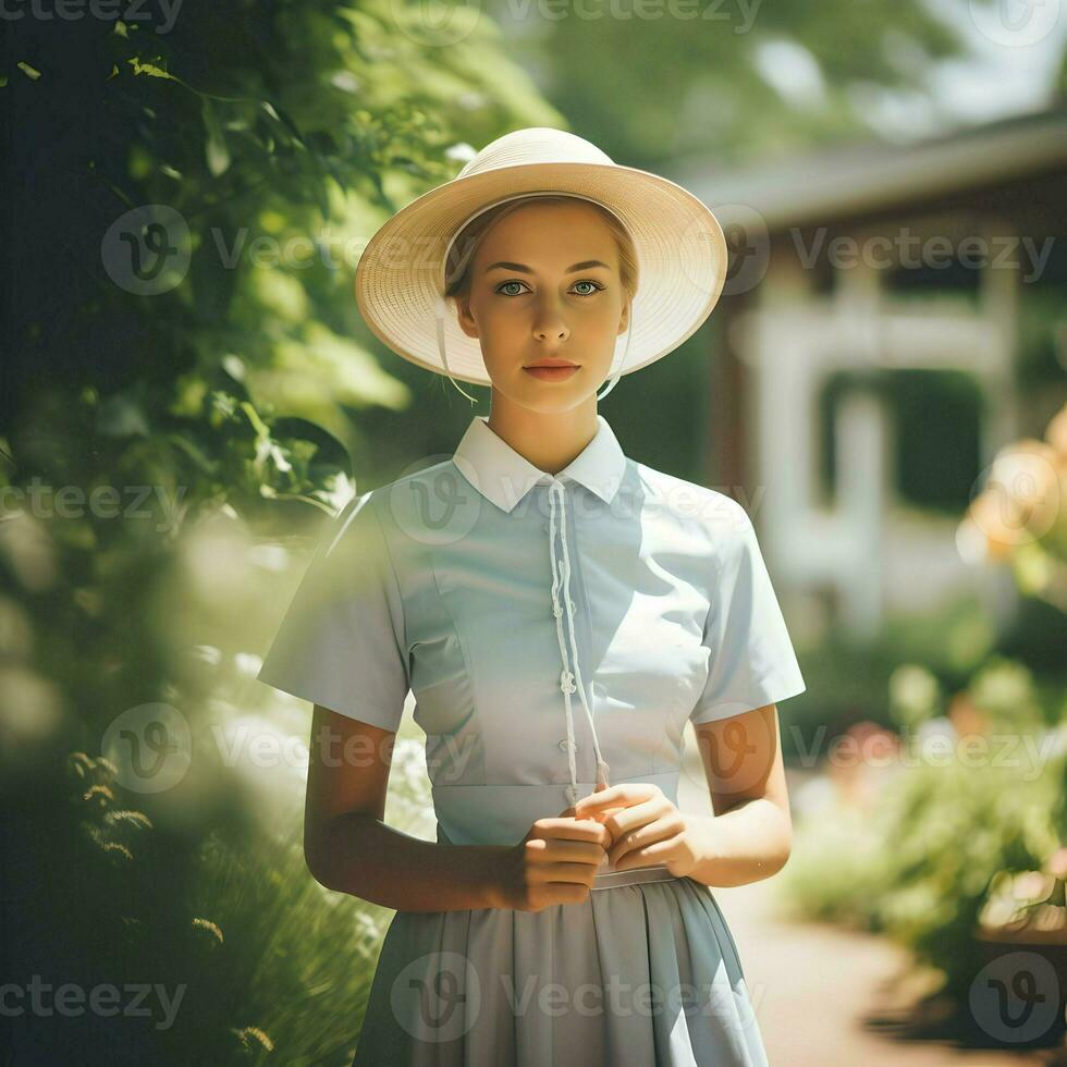 AI generated Summer vocations photography of the girl. Woman in the hat and dress. High quality. AI Generative photo
