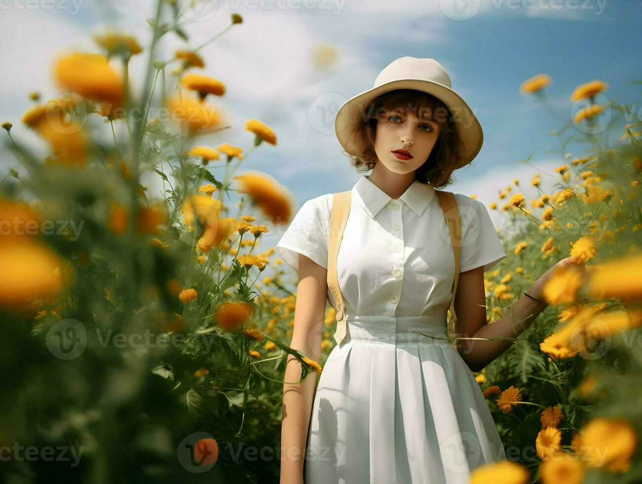AI generated Summer vocations photography of the girl. Woman in the hat and dress. High quality. AI Generative photo