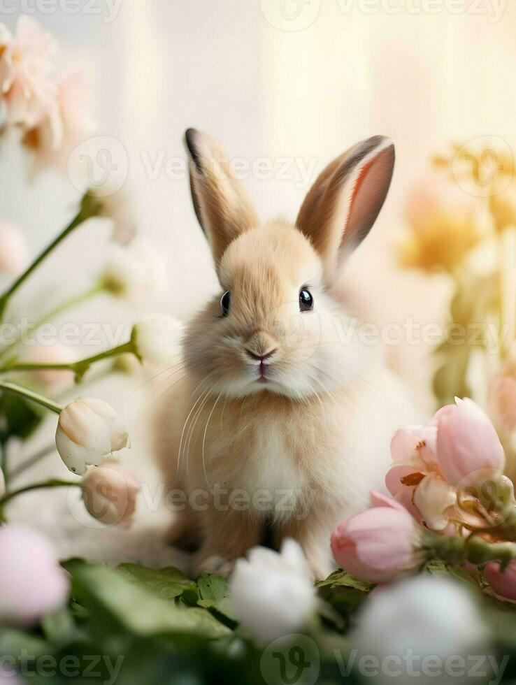 AI generated Cute Easter rabbit in flowers. Bright nice photoshoot. High quality. AI Generative photo