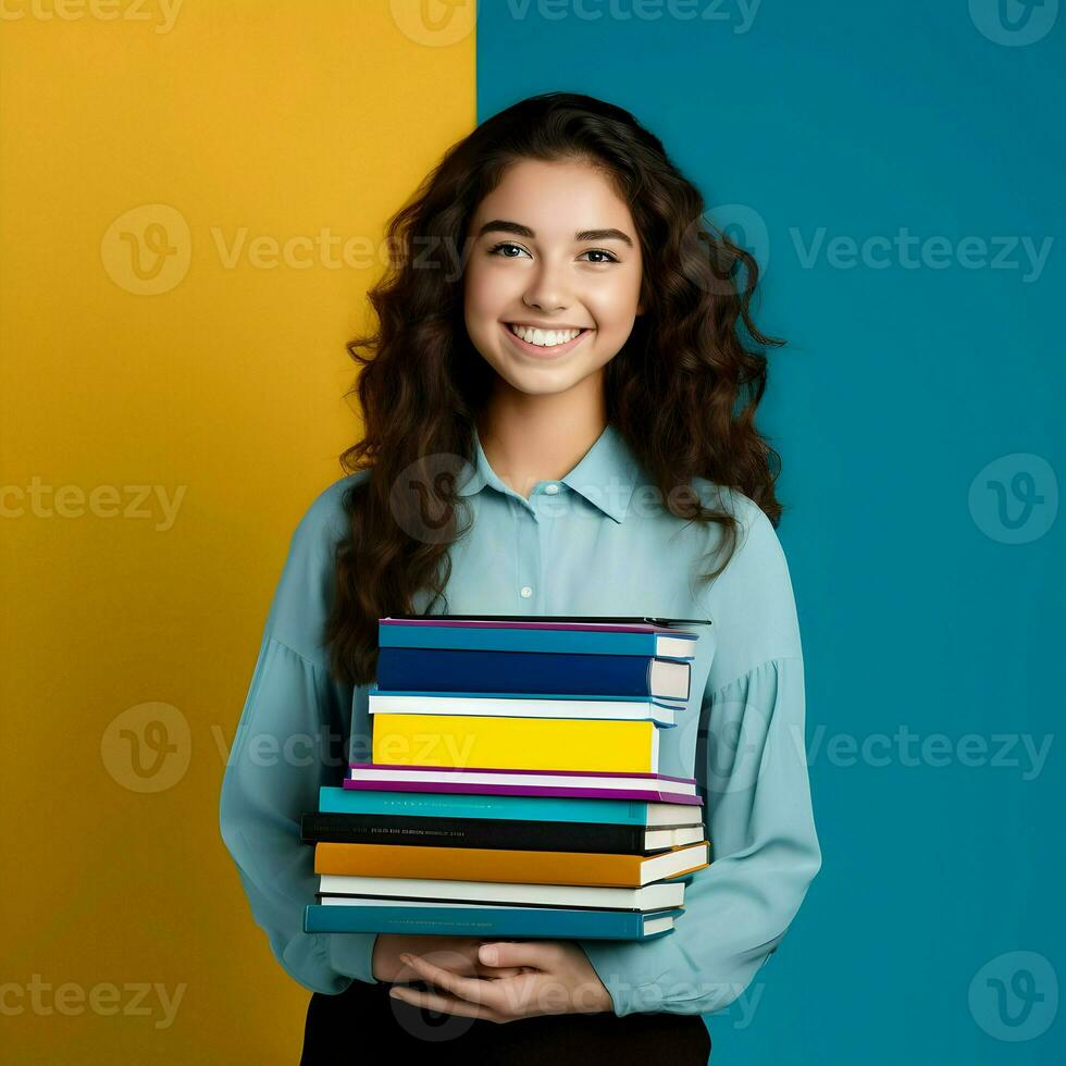 AI generated Smiling school student holding textbooks on the yellow and blue background. High quality. AI Generative photo