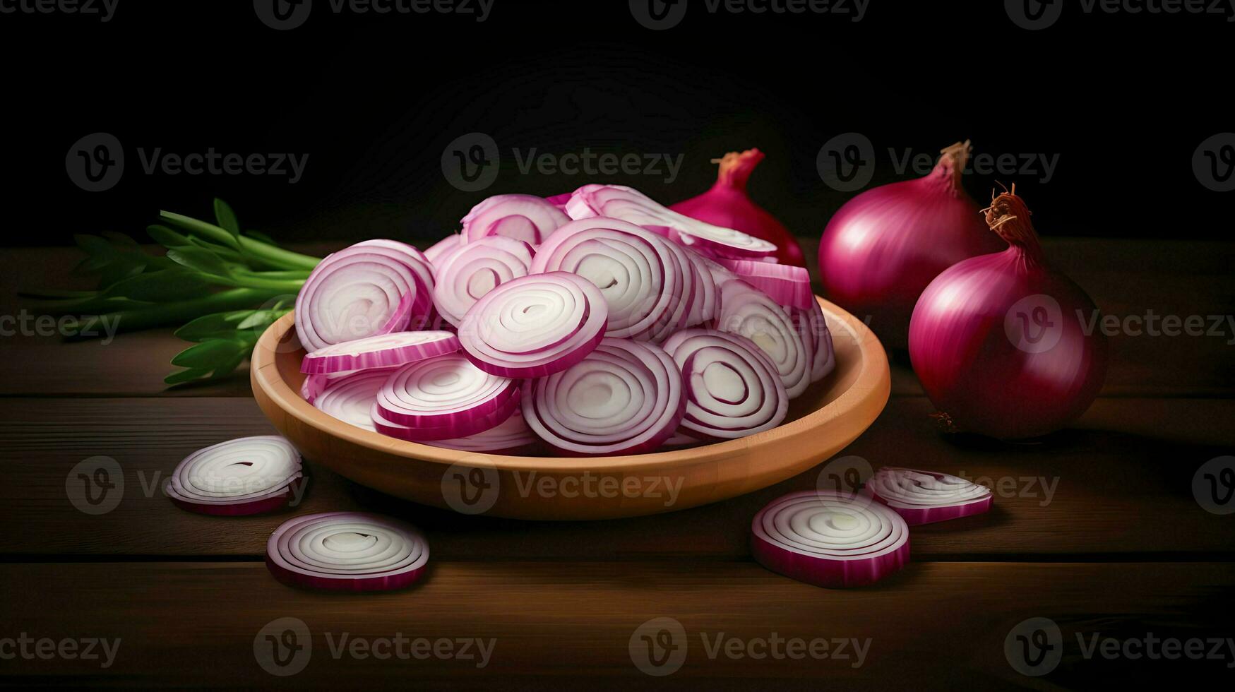 AI generated Lots of sliced onions in the wooden bowl. High-resolution. AI Generative photo