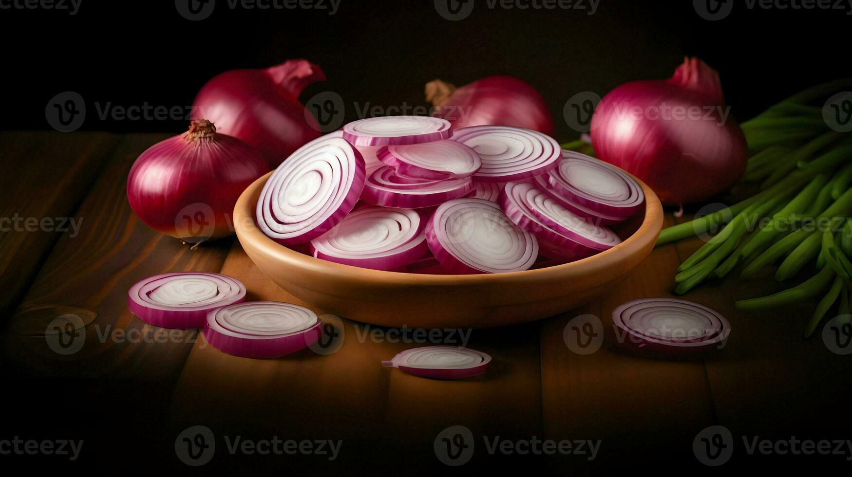 AI generated Lots of sliced onions in the wooden bowl. High-resolution. AI Generative photo