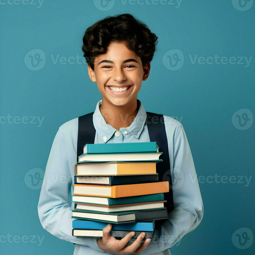 ai generado sonriente colegio estudiante participación libros de texto en el azul antecedentes. alto calidad. ai generativo foto