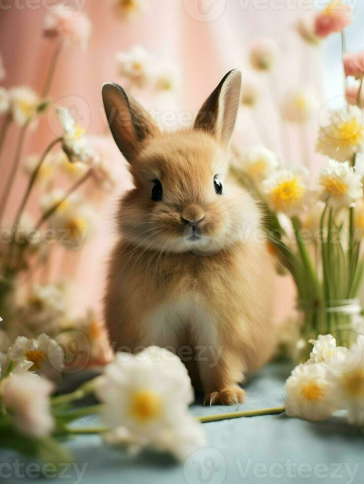 AI generated Cute Easter rabbit in flowers with colored eggs. Bright nice photoshoot. Spring vibes. High quality. AI Generative photo