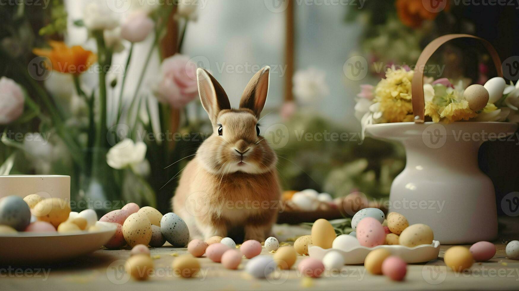 AI generated Cute Easter rabbit in flowers with colored eggs. Bright nice photoshoot. Spring vibes. High quality. AI Generative photo
