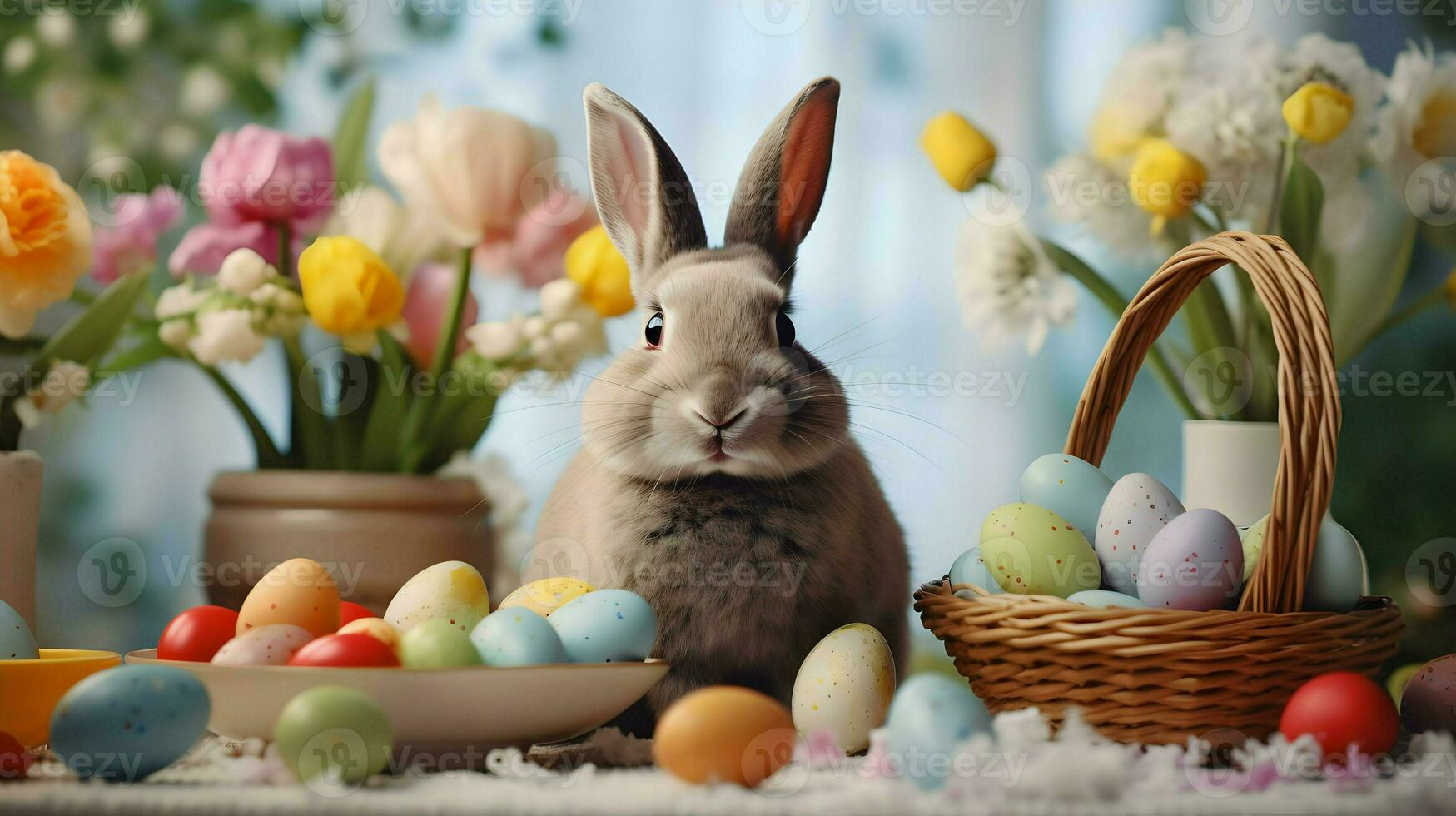 AI generated Cute Easter rabbit in flowers with colored eggs. Bright nice photoshoot. Spring vibes. High quality. AI Generative photo