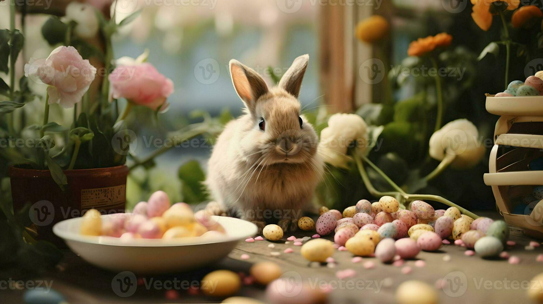 AI generated Cute Easter rabbit in flowers with colored quail eggs. Bright nice photoshoot. Spring vibes. High quality. AI Generative photo