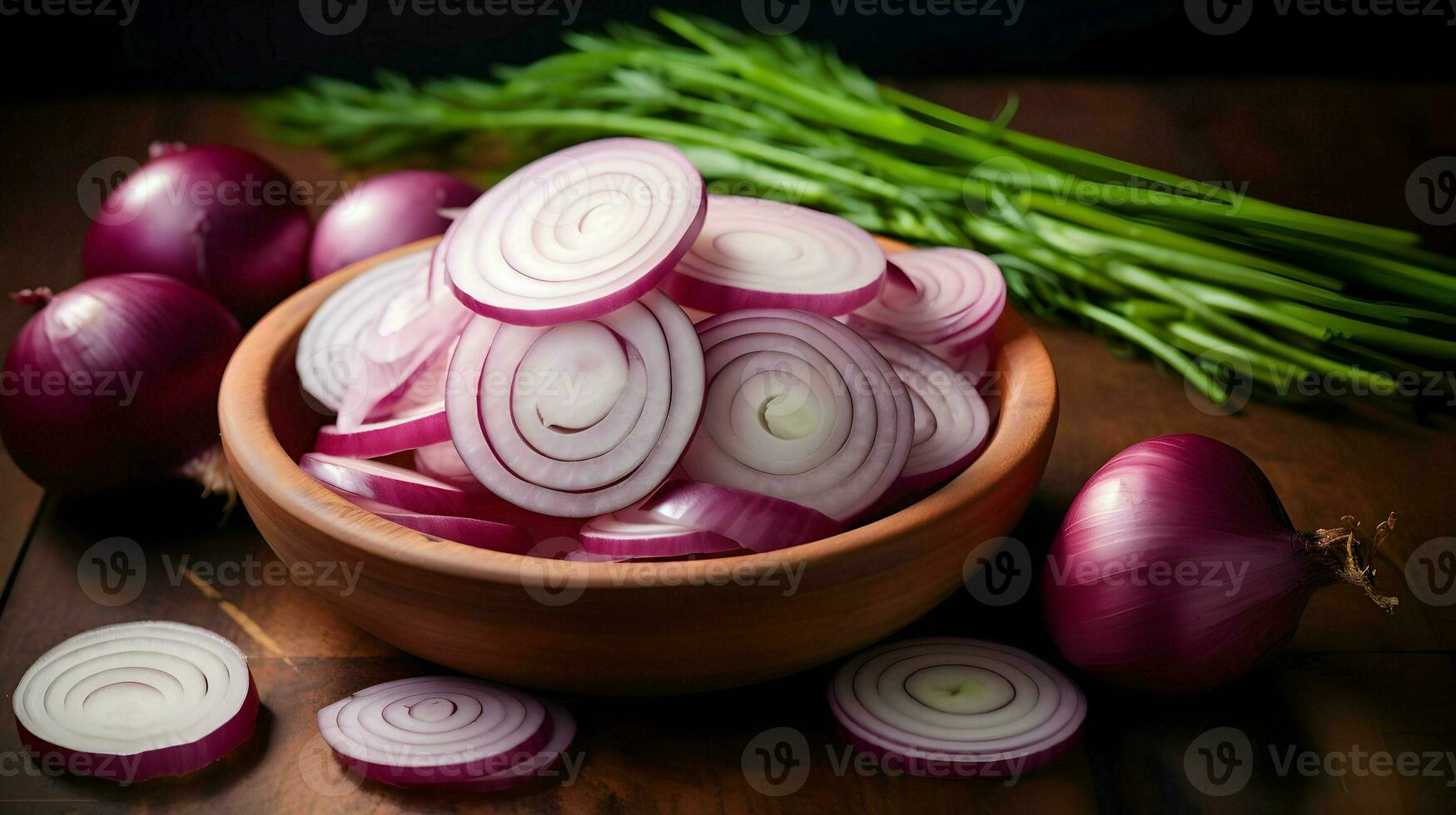 AI generated Lots of sliced onions in the wooden bowl. High-resolution. AI Generative photo