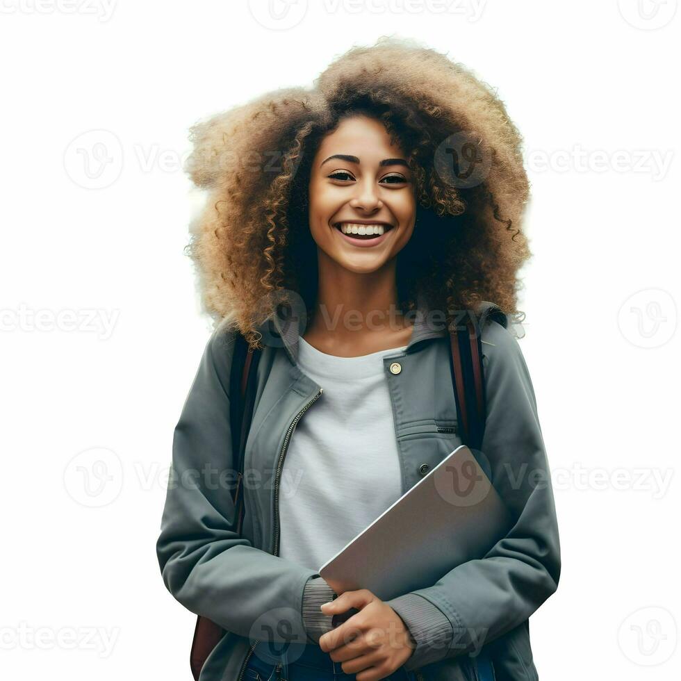 AI generated University student happy smiling holding laptop isolated on a white background. High quality. AI Generative photo