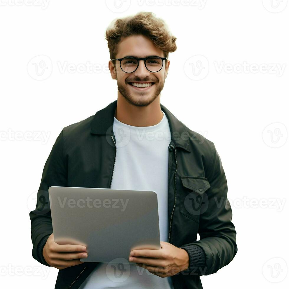 ai generado Universidad estudiante contento sonriente participación ordenador portátil aislado en un blanco antecedentes. alto calidad. ai generativo foto