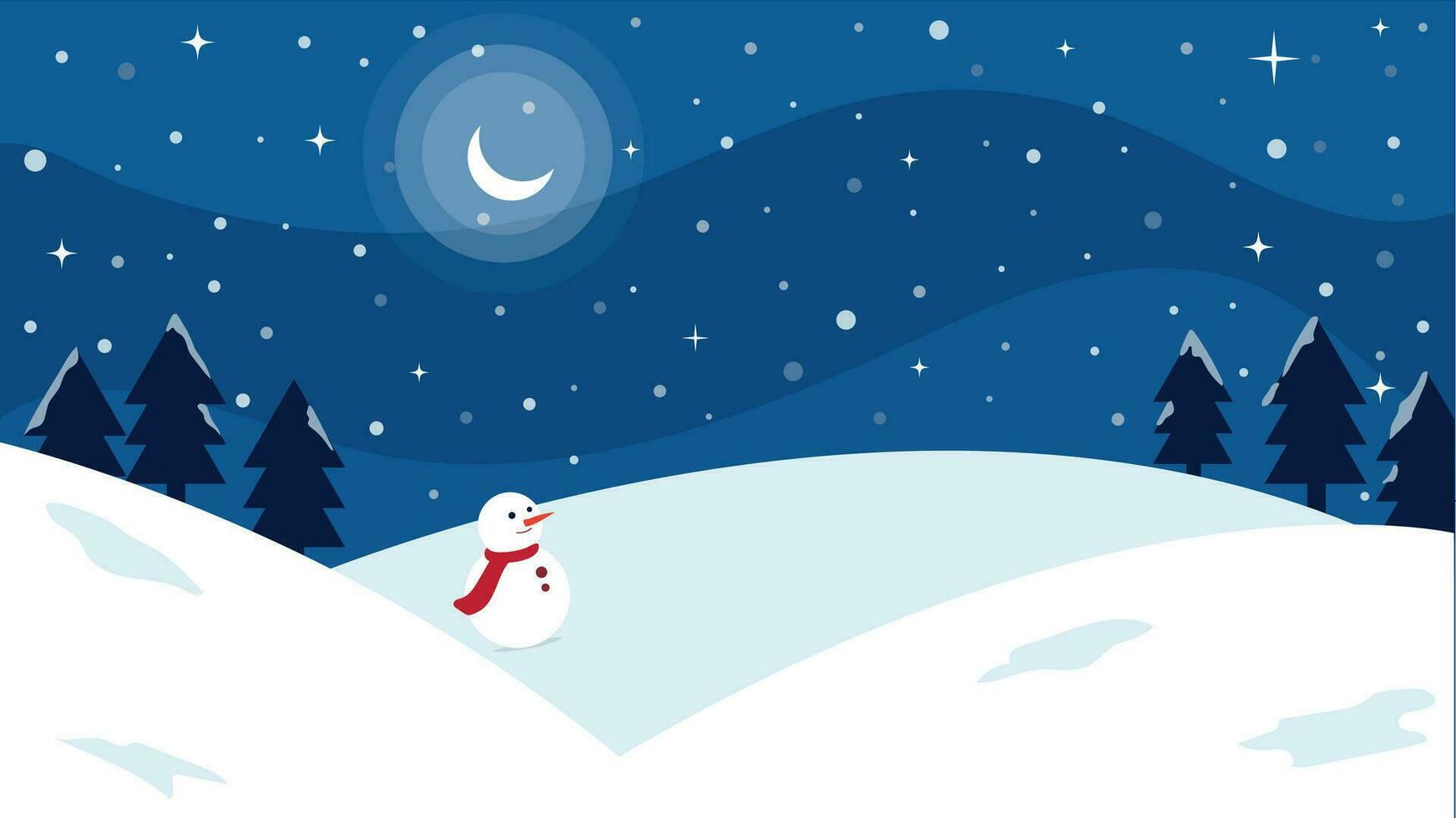 Navidad antecedentes bosque paisaje con luna, nieve y árbol plano diseño vector