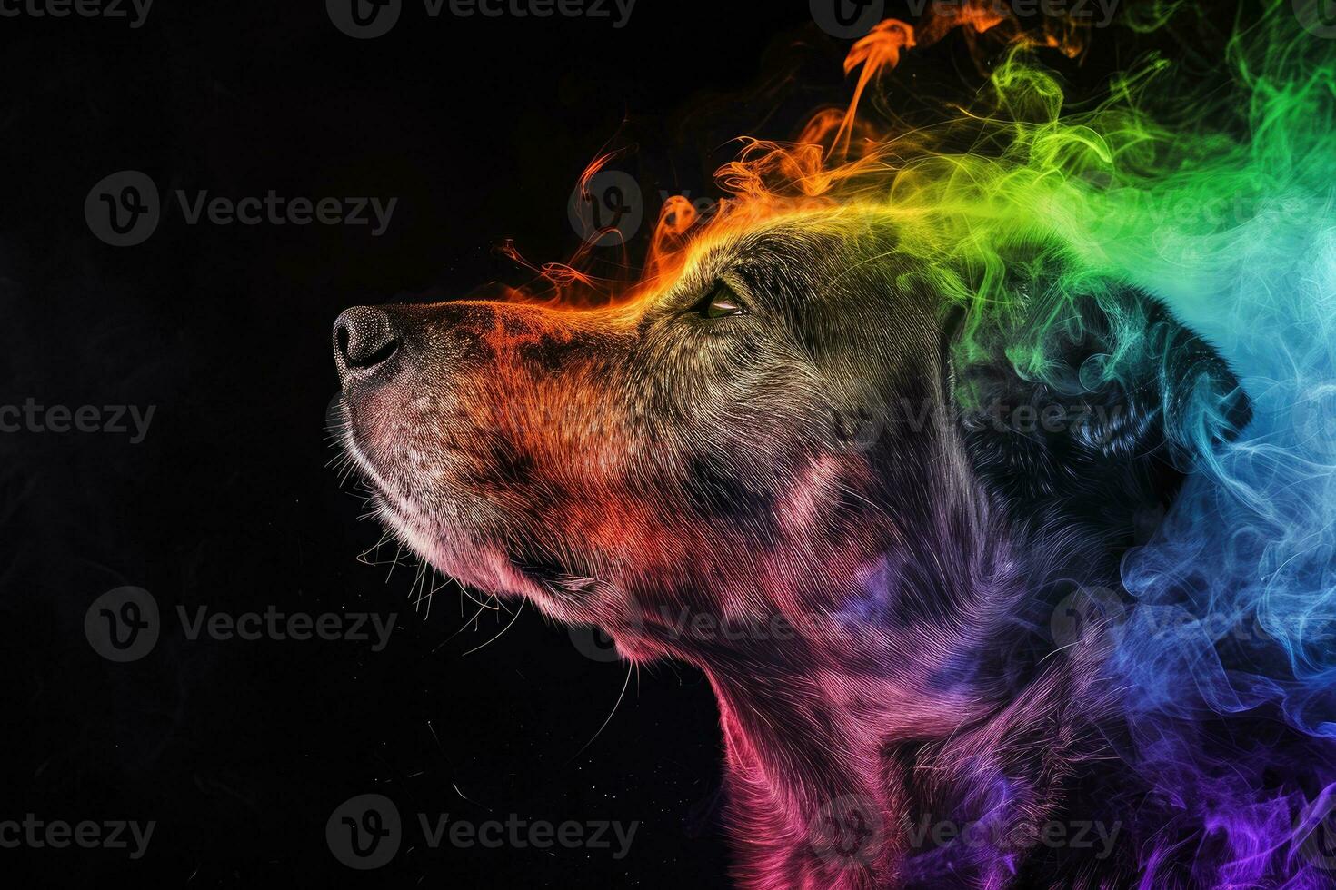 AI generated dog with rainbow smoky luminescent wallpaper photo