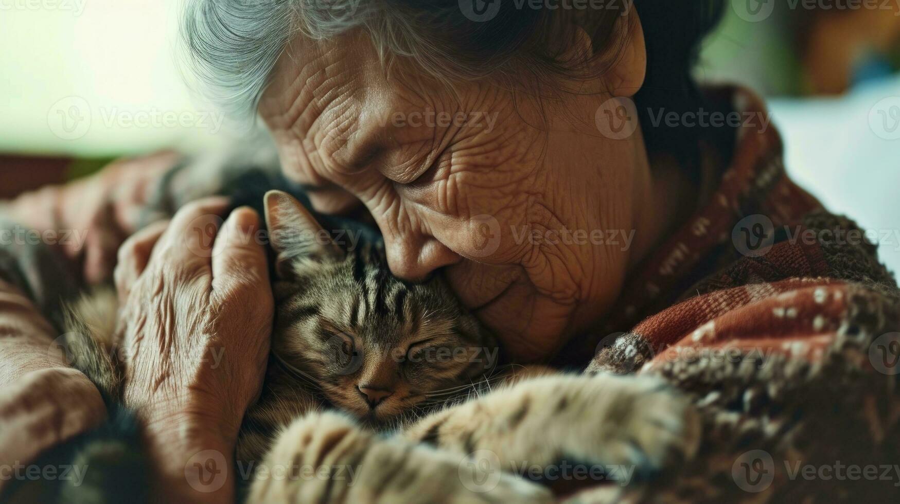 AI generated Portrait Older elderly with pet, An aged woman hugs her beloved cat photo