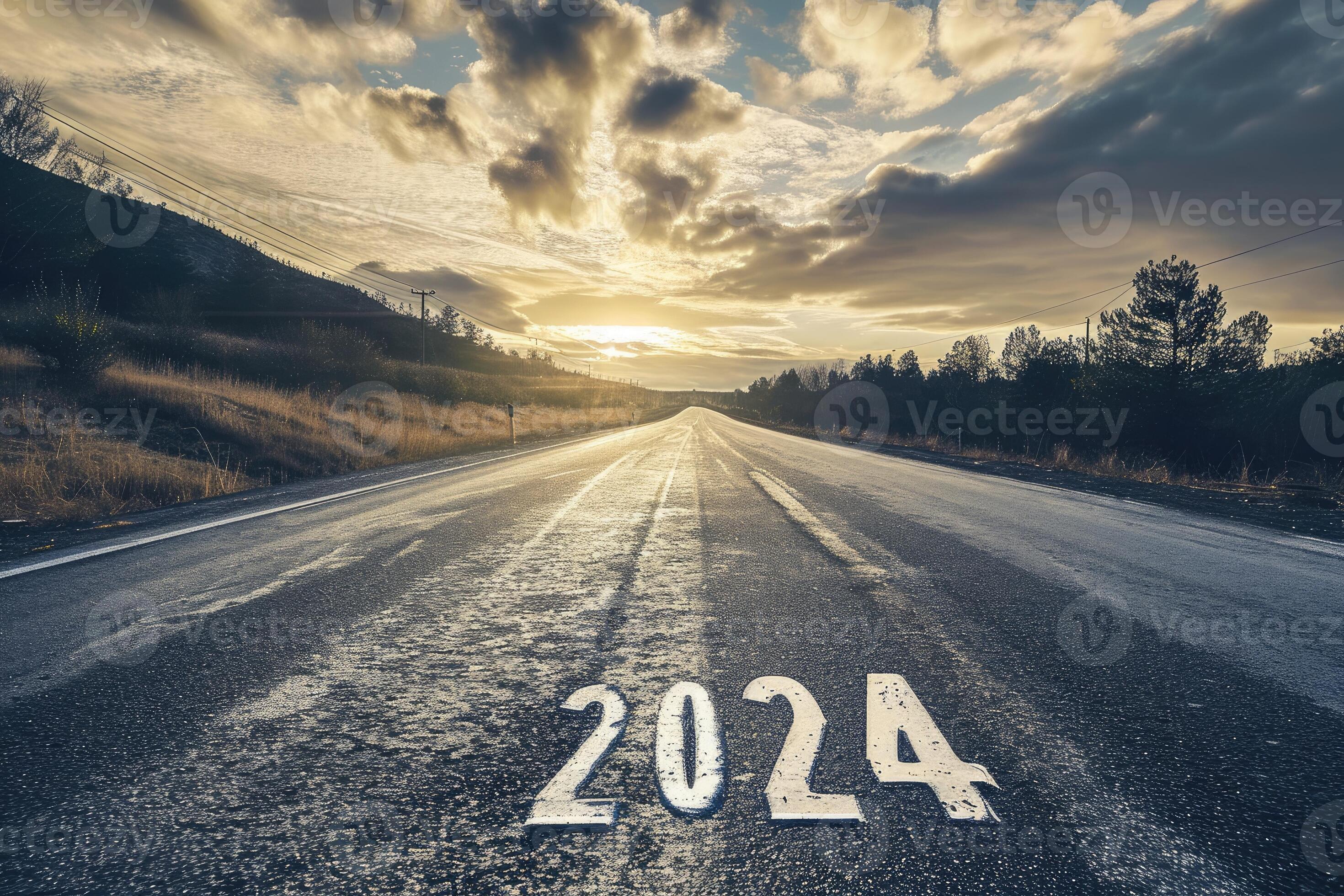 AI generated road to 2024, empty street with the new year 2024 written