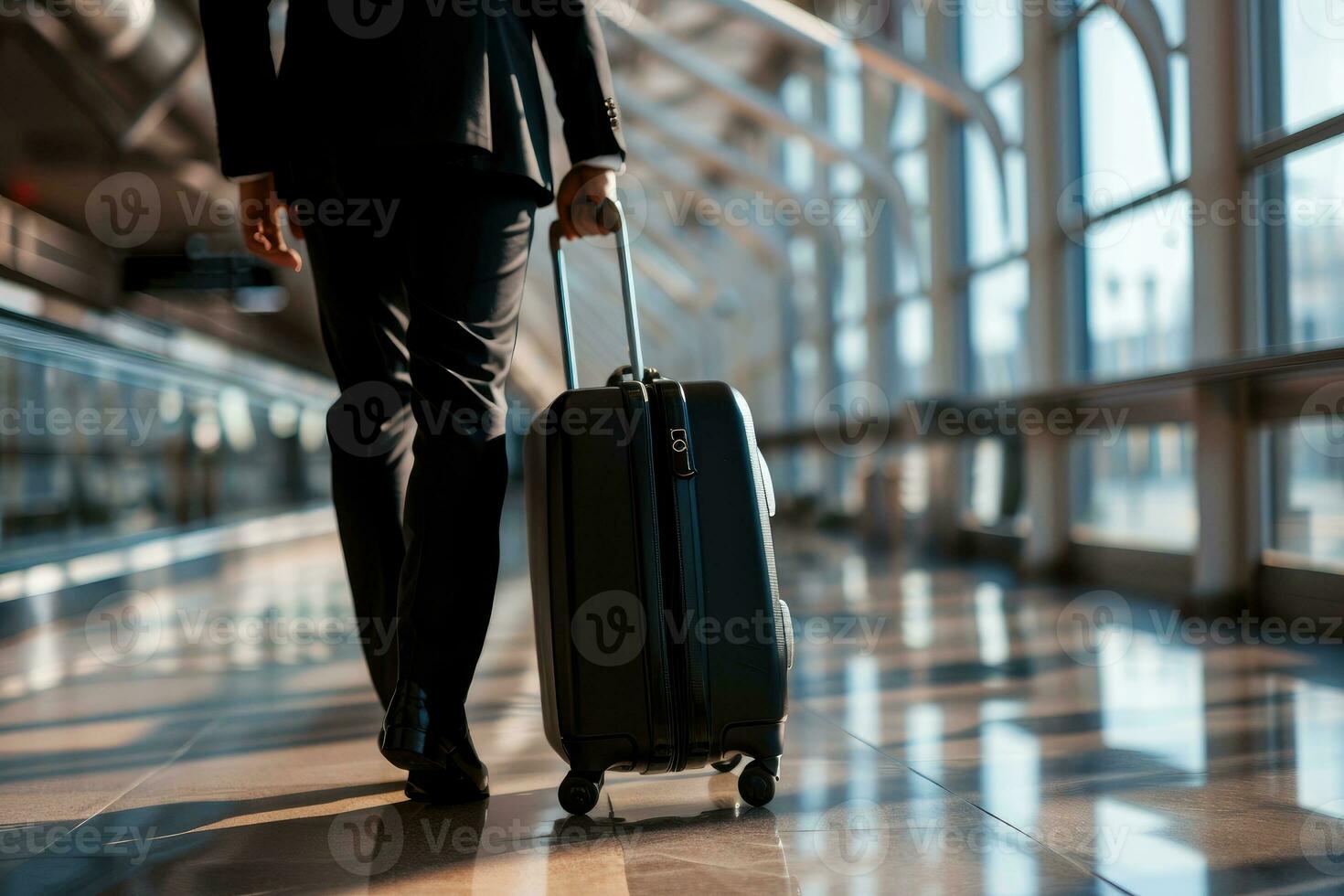 AI generated Businessman Dragging suitcase luggage bag in airport, Business trip concept photo